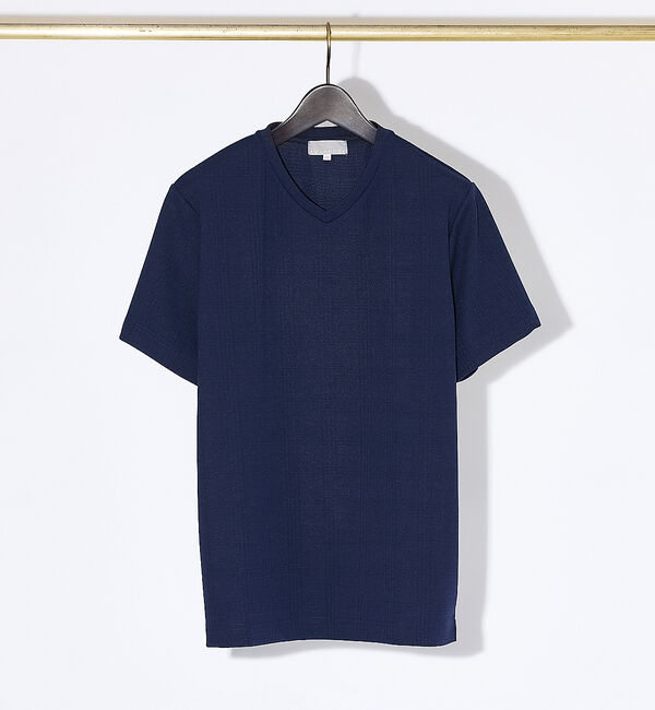 ABAHOUSE「【チェック柄】ジャガード Vネック 半袖 Tシャツ」|Tシャツ・カットソー|ネイビー