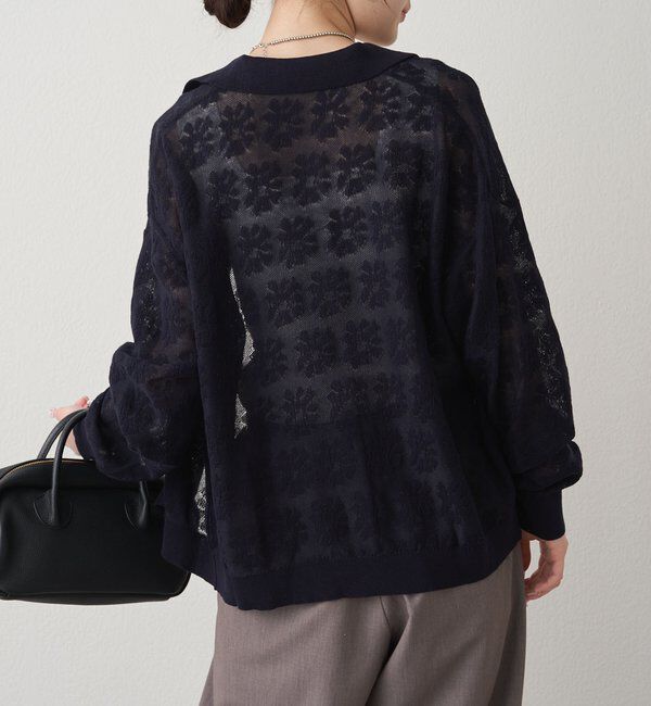  「透かし編み花柄ジャガード襟付カーディガン」|カーディガン|