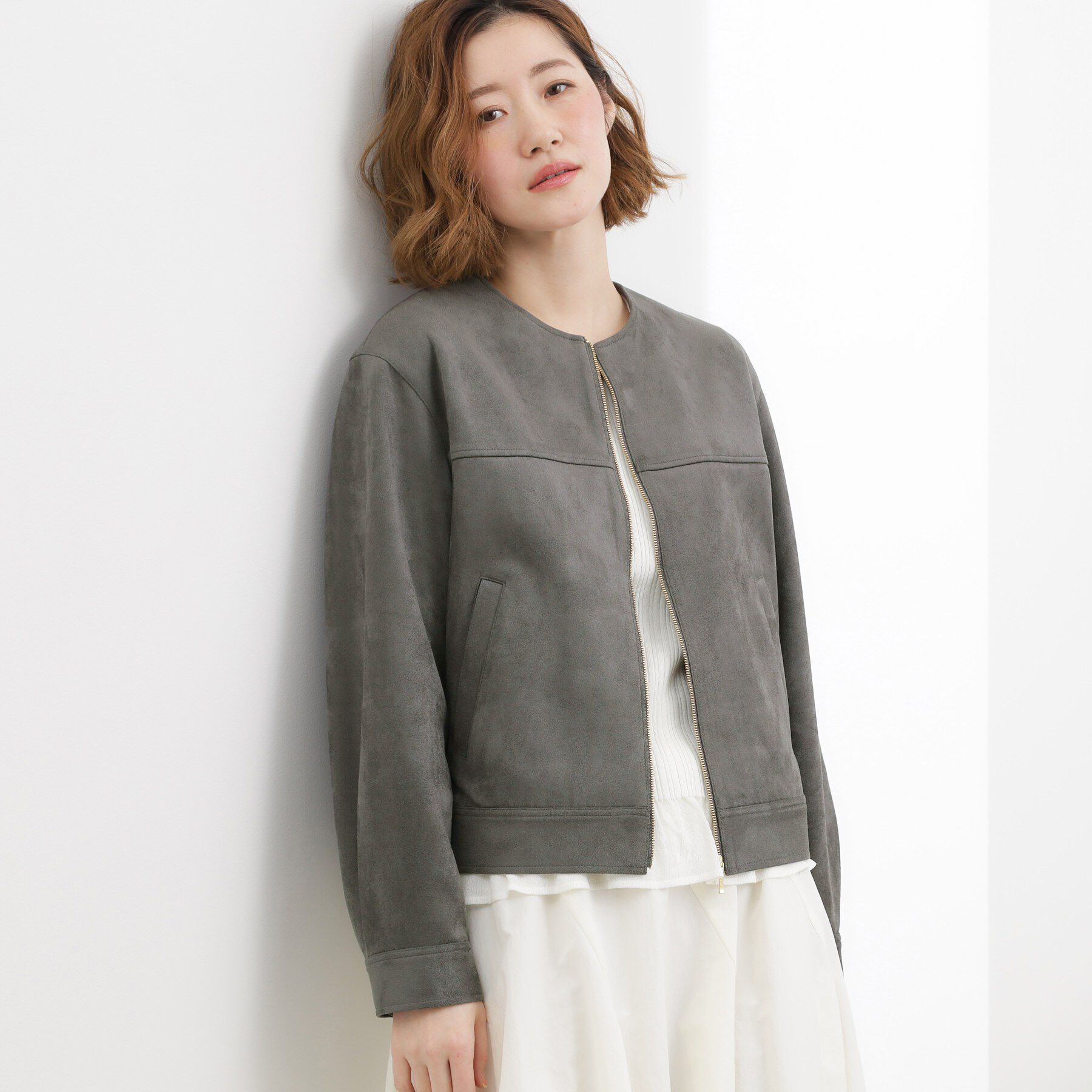 grove「スエードライク ノーカラーブルゾン」|ノーカラージャケット|