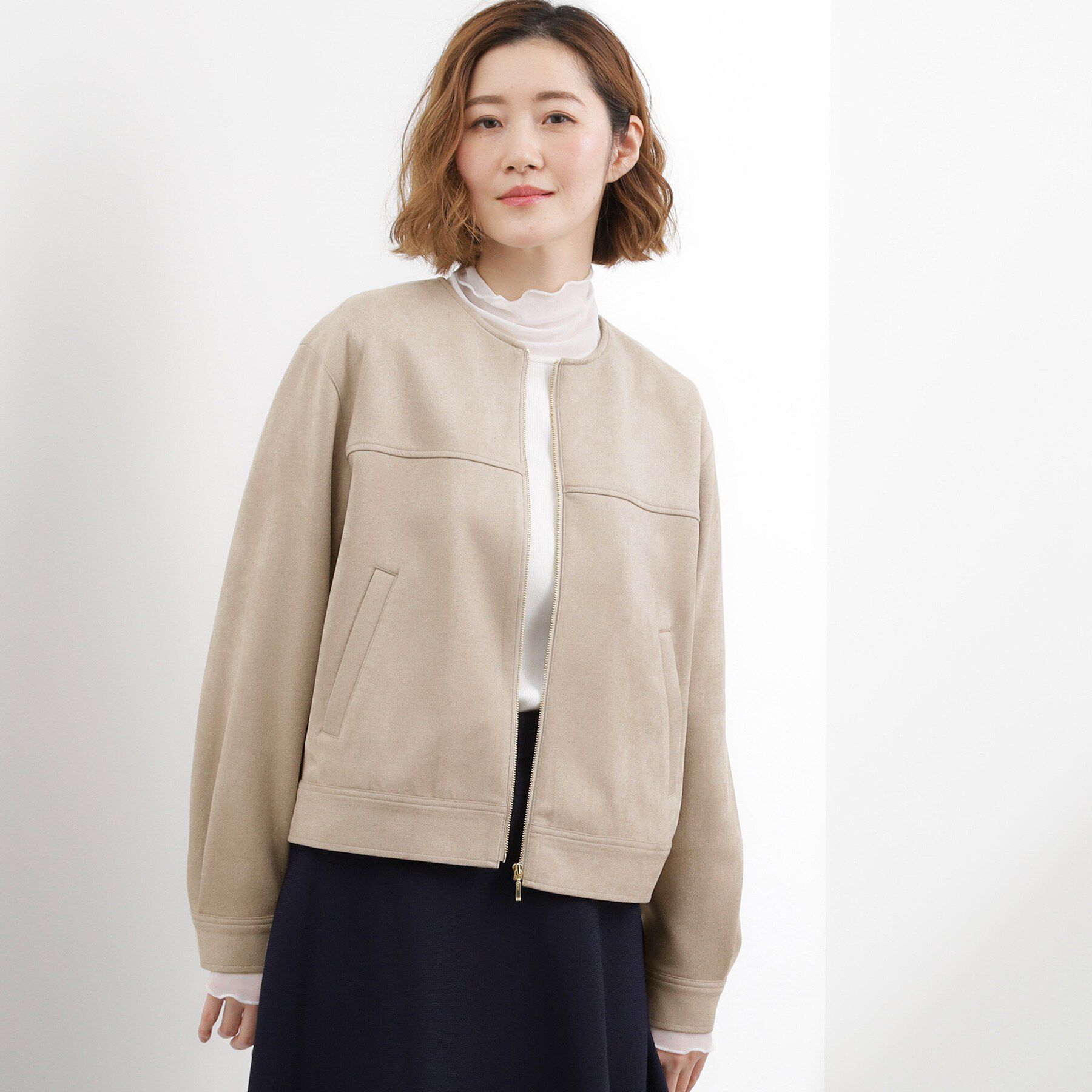 grove「スエードライク ノーカラーブルゾン」|ノーカラージャケット|ベージュ(052)