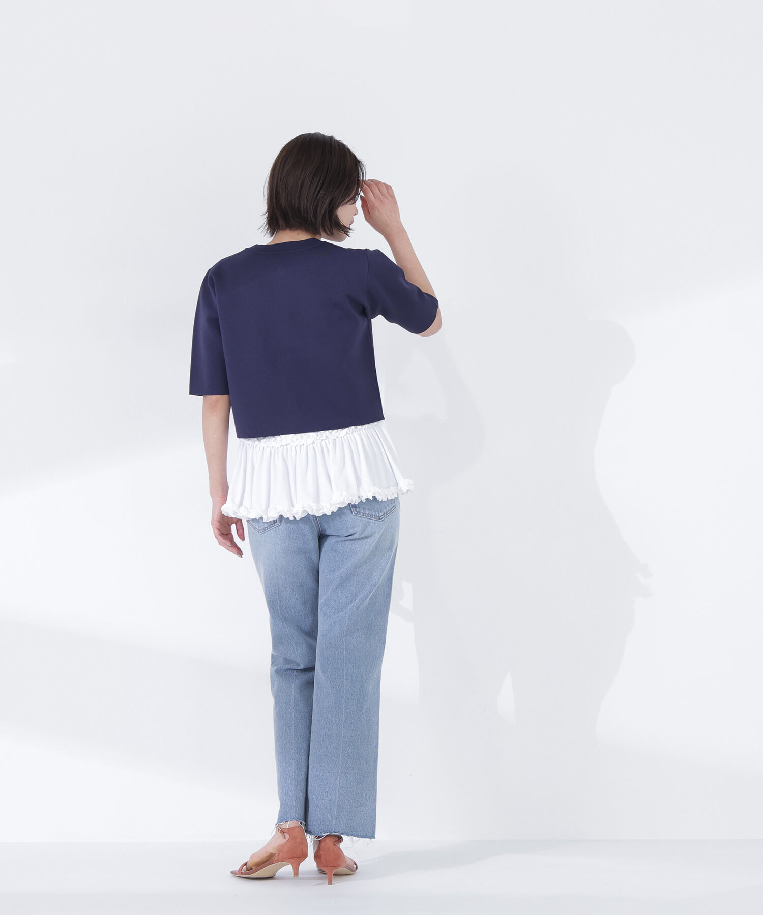  「エンブレムボタンニットジャケット半袖」|ニット・セーター|