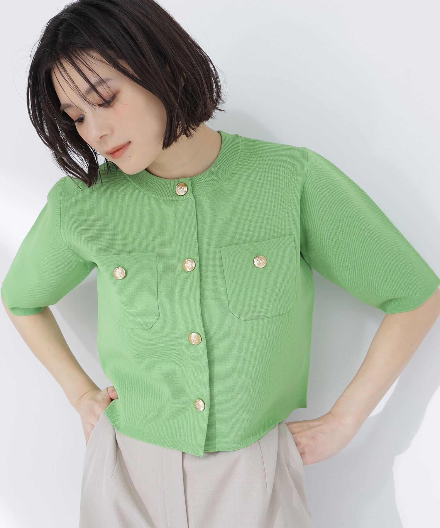  「エンブレムボタンニットジャケット半袖」|ニット・セーター|ライトグリー 1