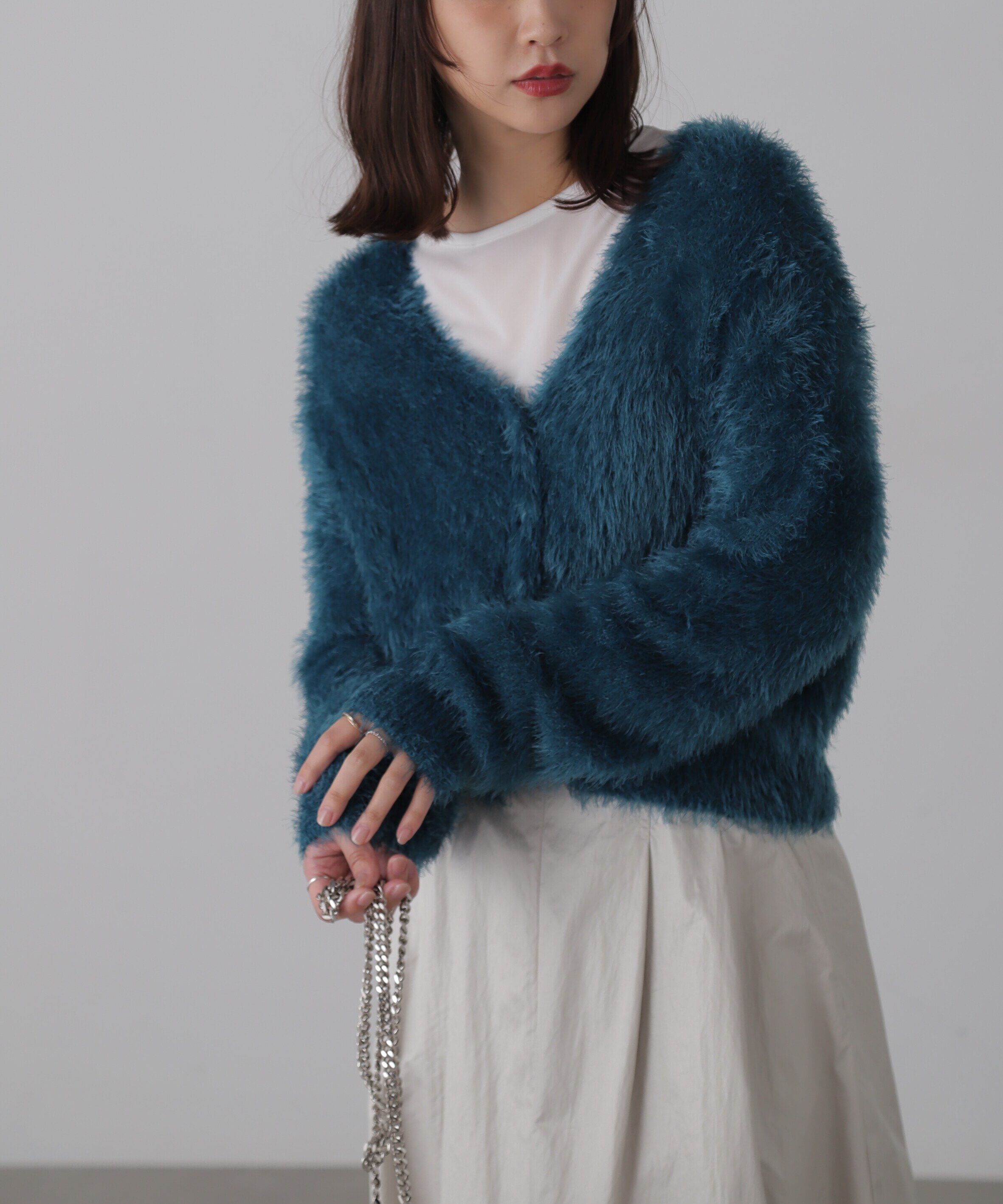  「Vネックフェザーショート丈カーディガン」|ニット・セーター|グリーン