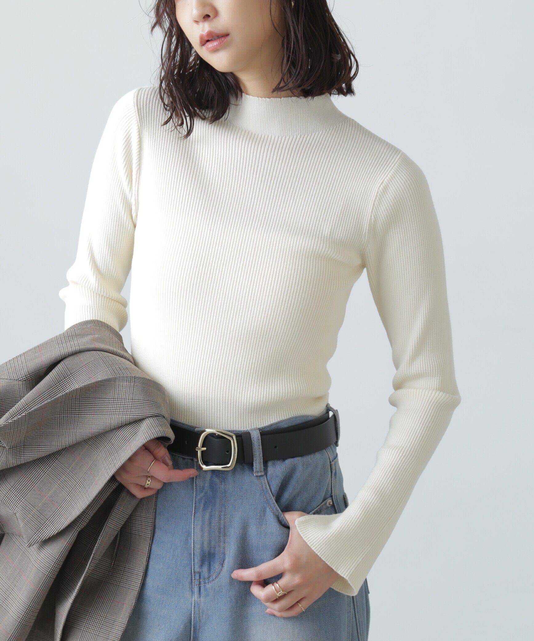  「〈洗える〉マシンウォッシャブルボトルネックリブニット」|ニット・セーター|ホワイト