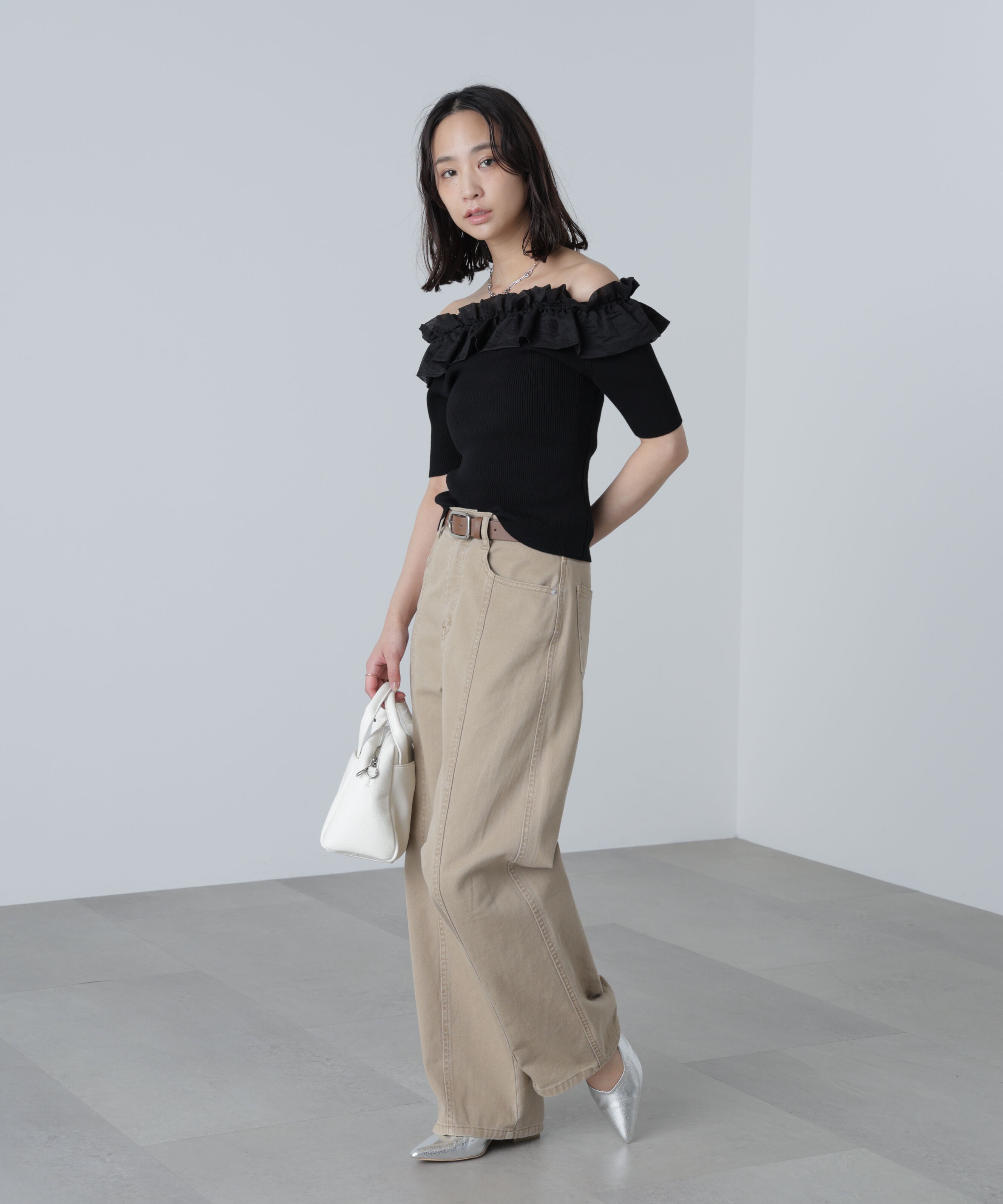  「布帛ドッキングオフショルニット」|ニット・セーター|