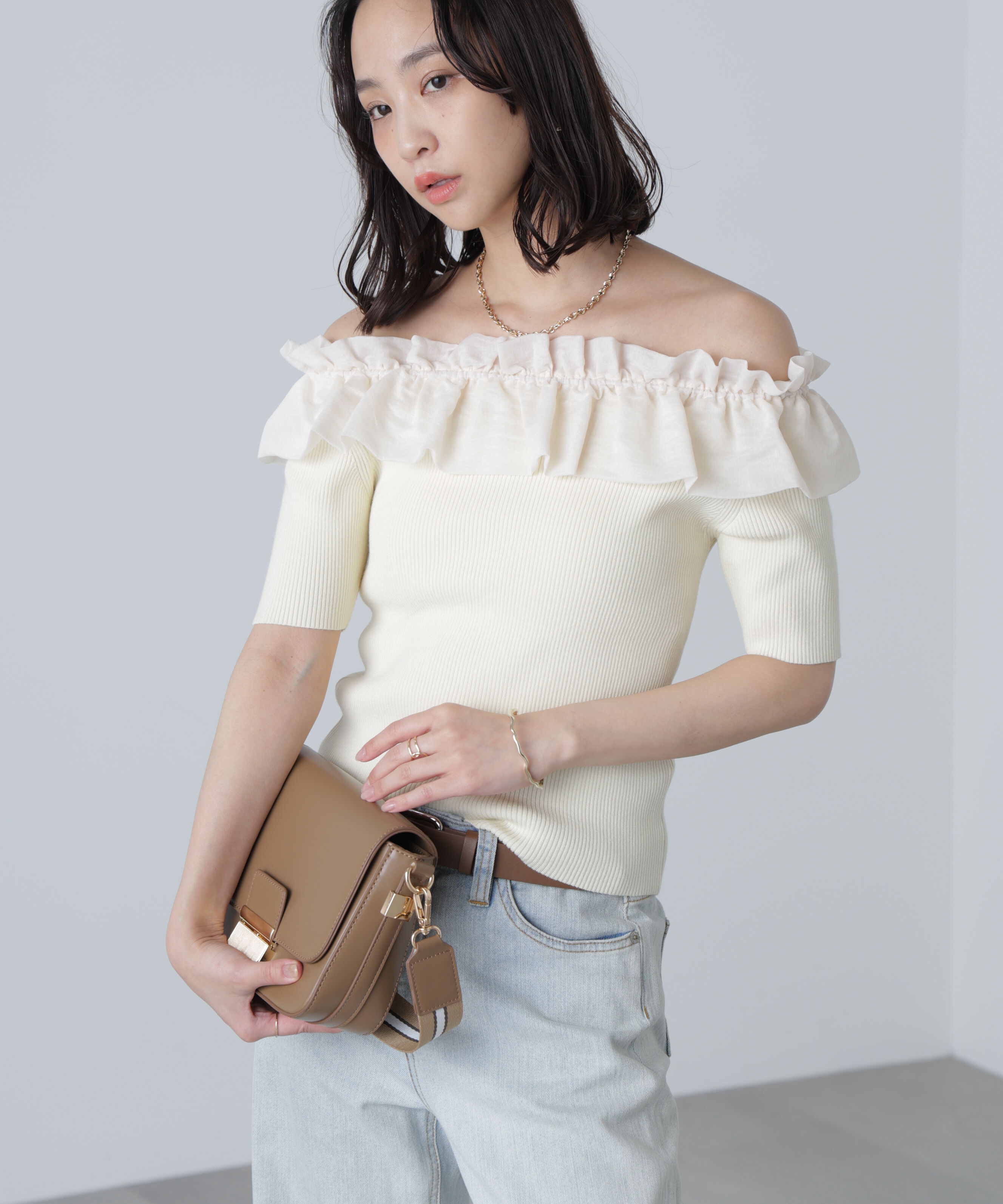  「布帛ドッキングオフショルニット」|ニット・セーター|