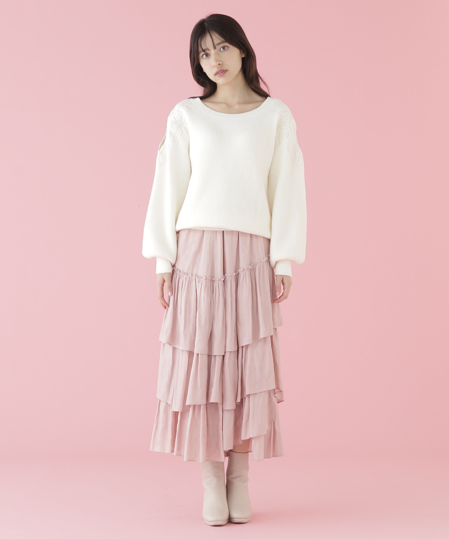  「肩開きリボンエンブロイダリーニット」|ニット・セーター|