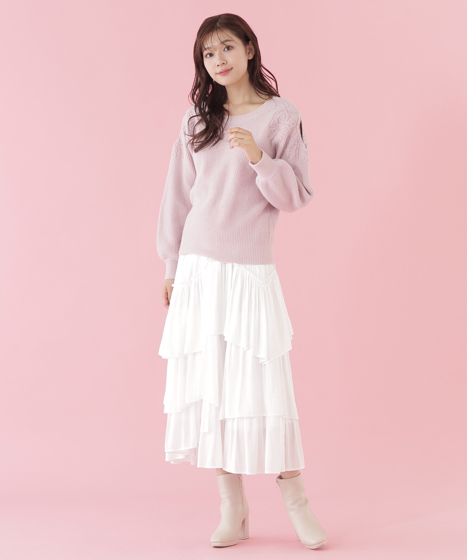  「肩開きリボンエンブロイダリーニット」|ニット・セーター|