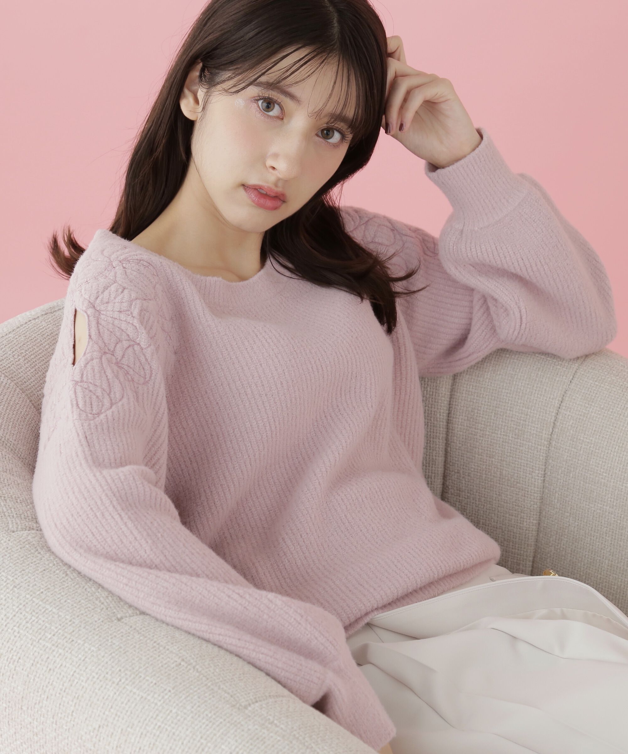  「肩開きリボンエンブロイダリーニット」|ニット・セーター|