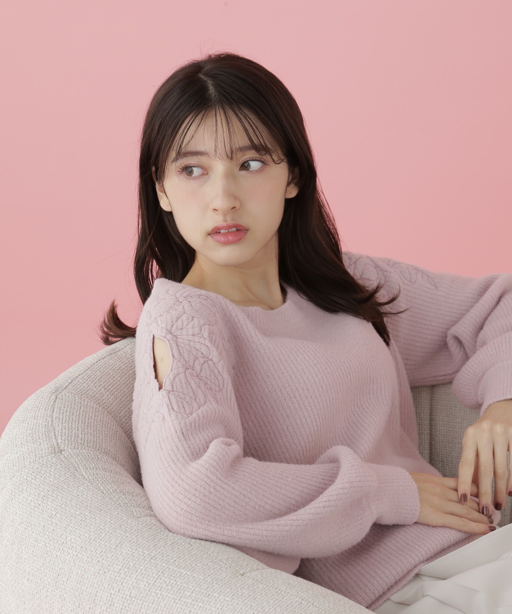  「肩開きリボンエンブロイダリーニット」|ニット・セーター|