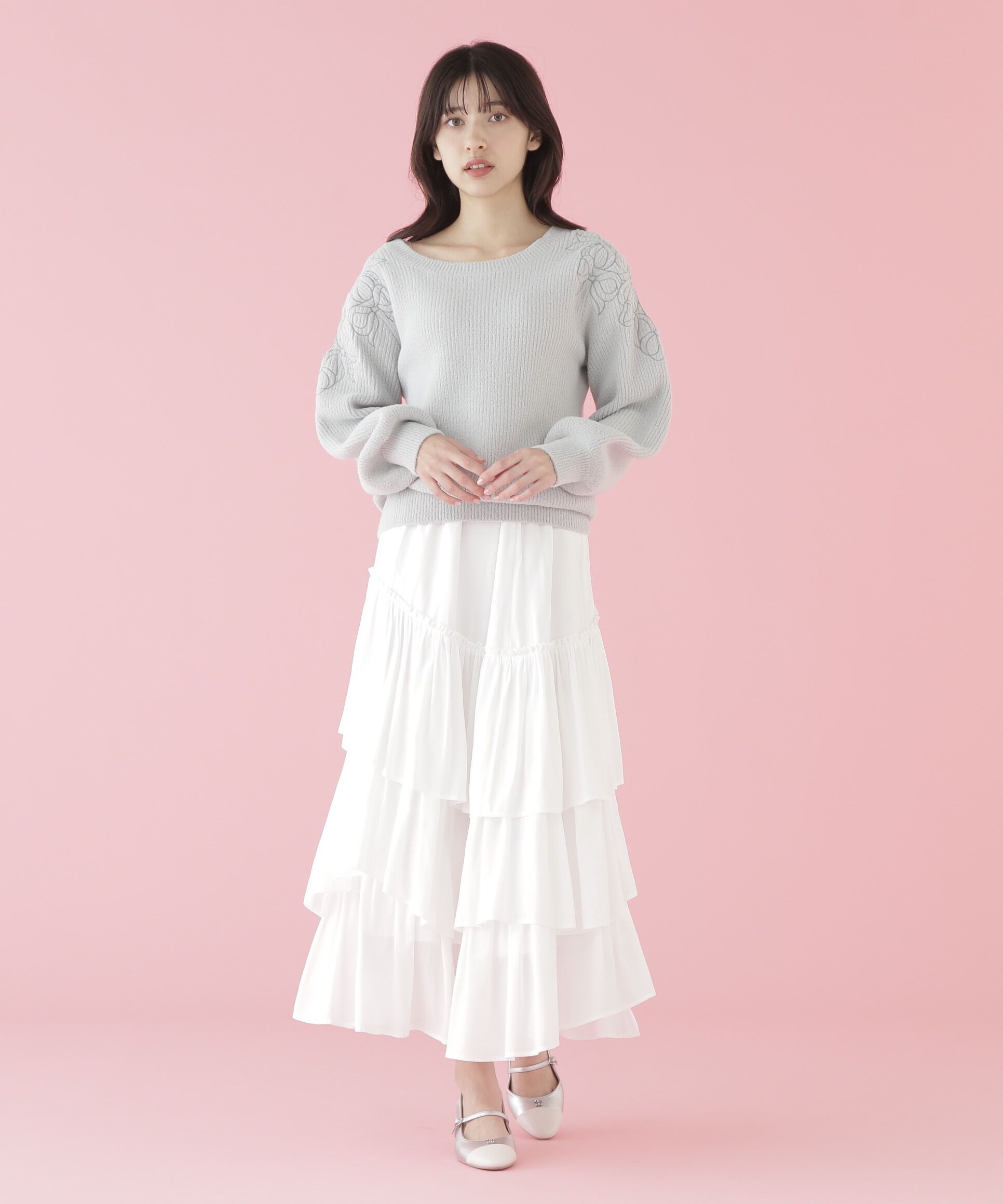  「肩開きリボンエンブロイダリーニット」|ニット・セーター|