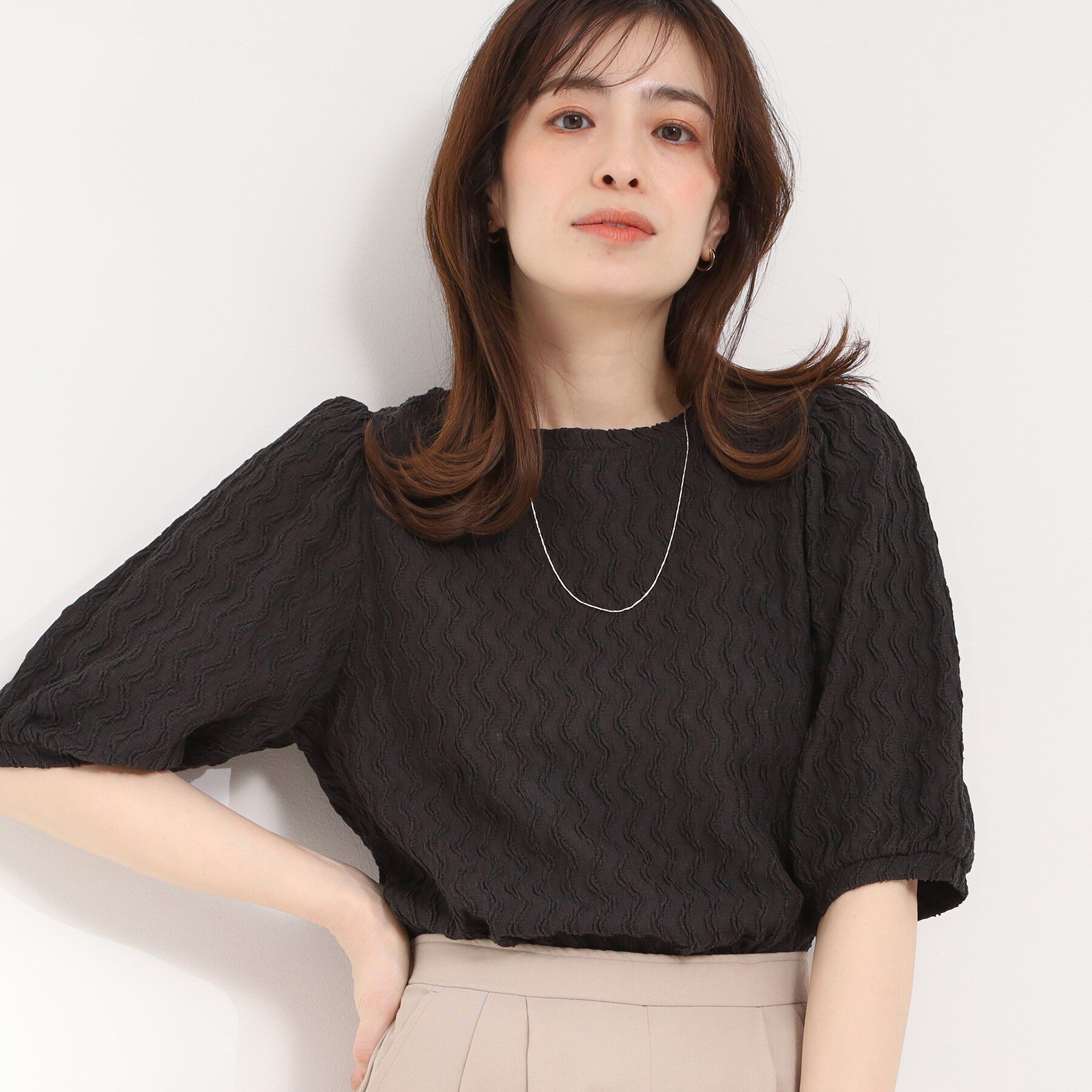 SHOO･LA･RUE「◆ウェーブ柄ジャカード パフスリーブトップス」|Tシャツ・カットソー|ブラック(019)