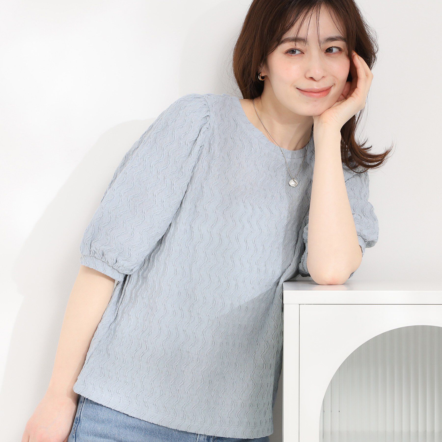 SHOO･LA･RUE「◆ウェーブ柄ジャカード パフスリーブトップス」|Tシャツ・カットソー|サックスブルー(09