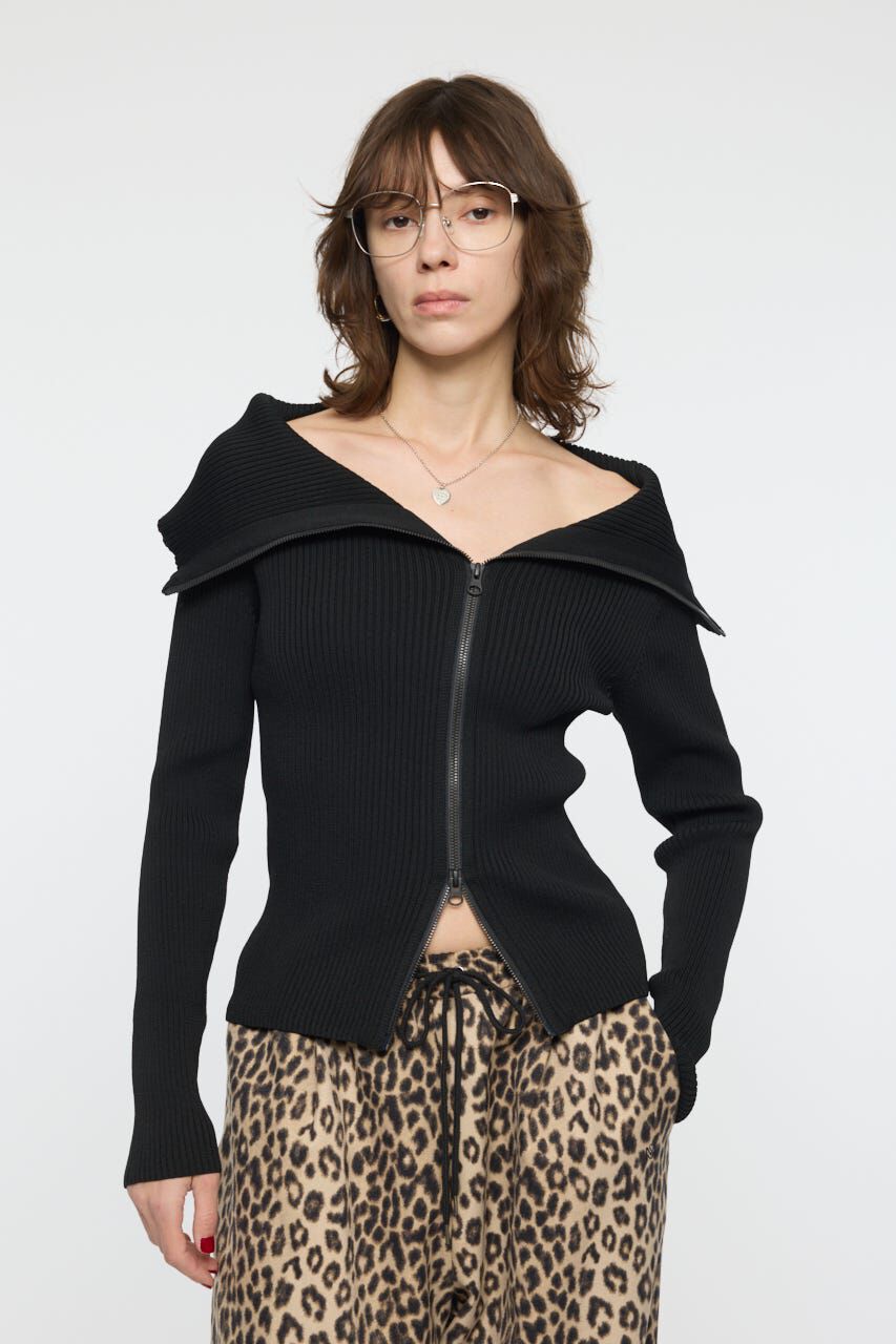 MOUSSY「BIG COLLAR ZIP UP ニットトップス」|ニット・セーター|BLK