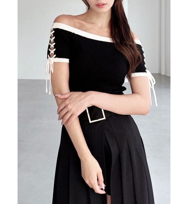 RESEXXY「スリーブレースアップバイカラーニットトップス」|ニット・セーター|ブラック