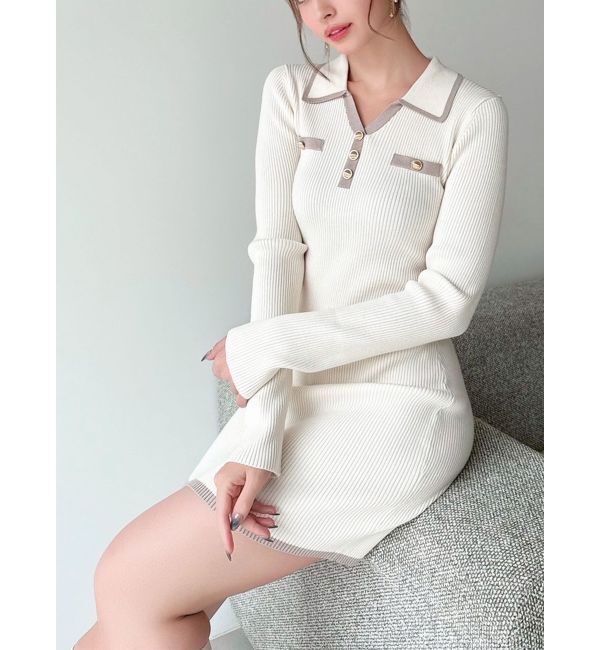 RESEXXY「バイカラーニットポロワンピース」|ワンピース|アイボリー