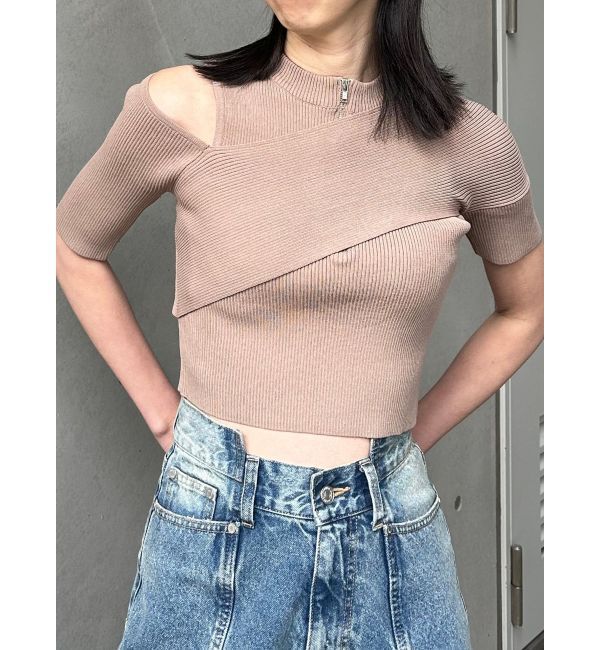 MURUA「ワンサイドオフショルジップニット」|ニット・セーター|ベージュ
