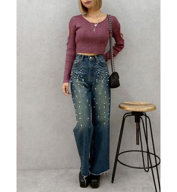 EVRIS「オープンアームラメチャームニットトップス」|ニット・セーター|