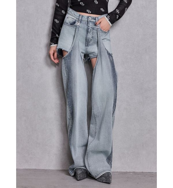 GYDA「ハイウエストSymmetry GYDA 2WAYラインプリーツデニムパンツ」|デニム|アイスブルー