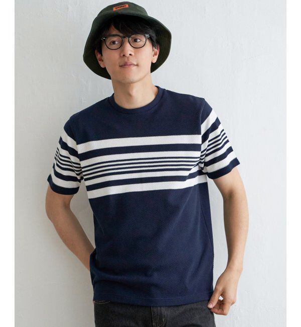 ikka「パイナップルパネルボーダーTシャツ」|Tシャツ・カットソー|ネイビー