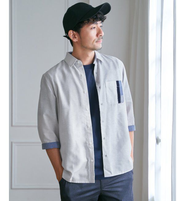 ikka「7分袖リネン混切り替えポケットシャツ」|シャツ・ブラウス|ライトグレー