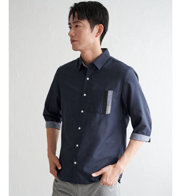 ikka「7分袖リネン混切り替えポケットシャツ」|シャツ・ブラウス|
