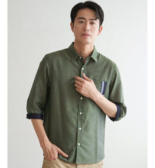 ikka「7分袖リネン混切り替えポケットシャツ」|シャツ・ブラウス|オリーブ