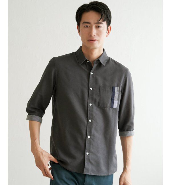 ikka「7分袖リネン混切り替えポケットシャツ」|シャツ・ブラウス|