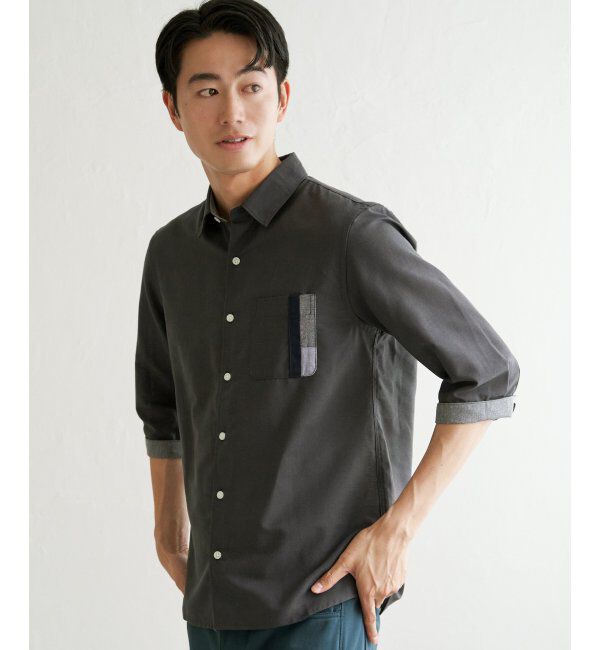 ikka「7分袖リネン混切り替えポケットシャツ」|シャツ・ブラウス|