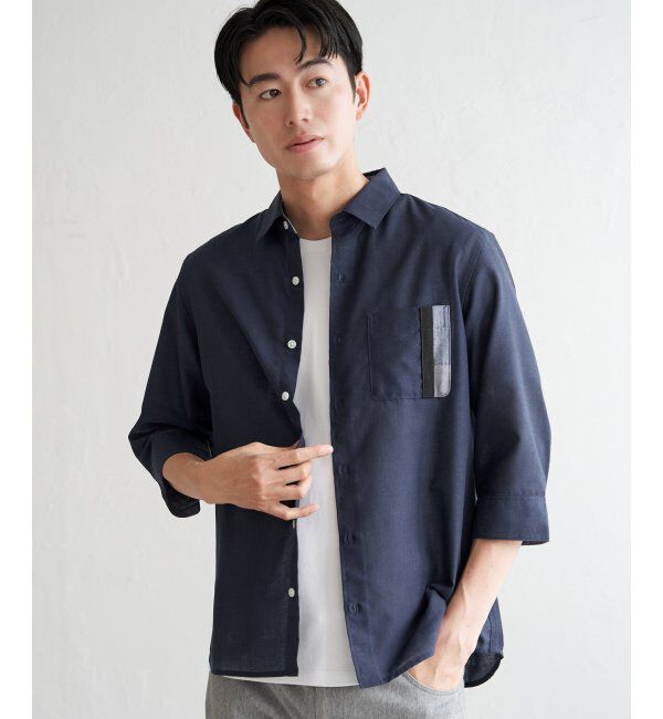 ikka「7分袖リネン混切り替えポケットシャツ」|シャツ・ブラウス|ネイビーブルー