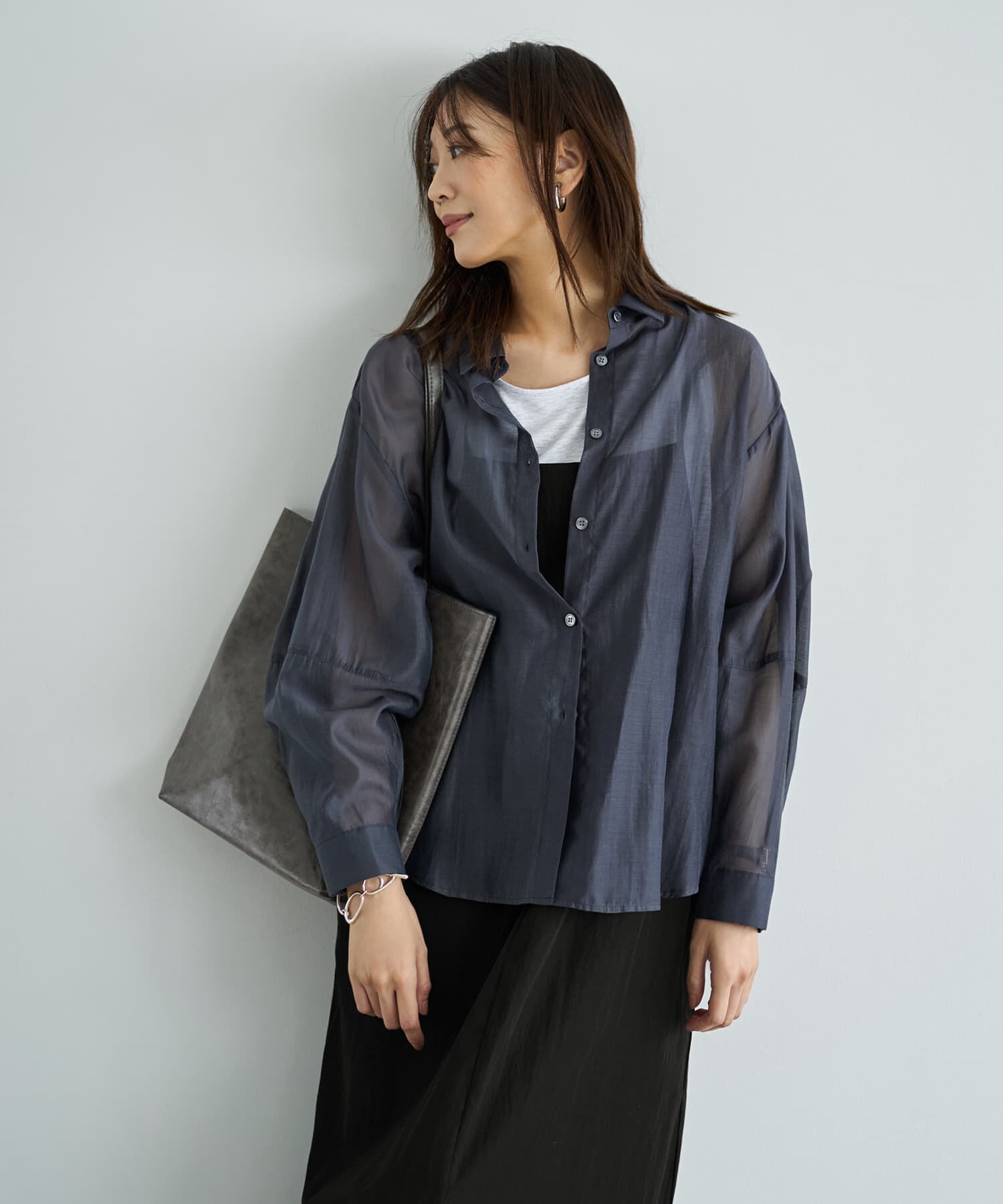 STYLE DELI「袖ハギ微光沢シアーシャツ」|シャツ・ブラウス|ミッドナイト