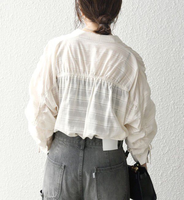 SHIPS any「SHIPS any: シアー ジャカード シャーリング バンドカラー シャツ」|シャツ・ブラウス|