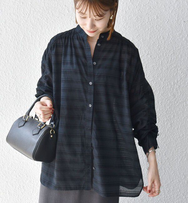 SHIPS any「SHIPS any: シアー ジャカード シャーリング バンドカラー シャツ」|シャツ・ブラウス|