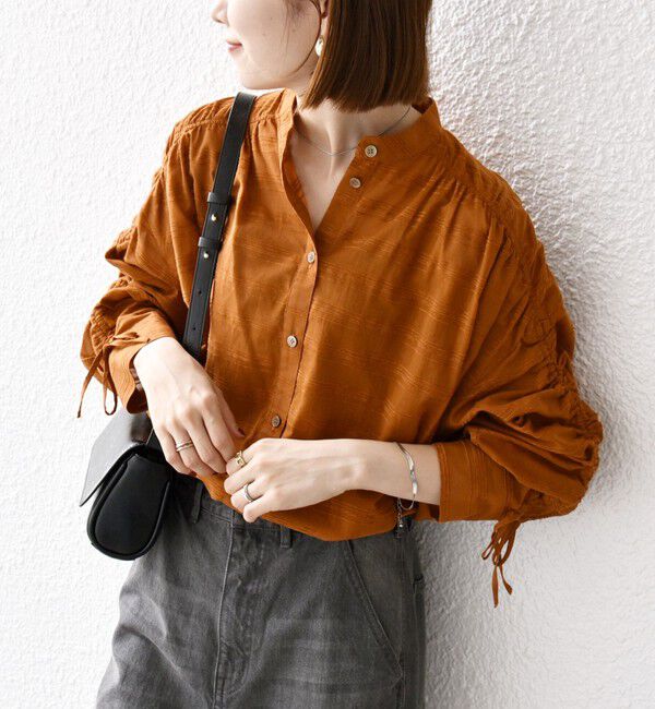 SHIPS any「SHIPS any: シアー ジャカード シャーリング バンドカラー シャツ」|シャツ・ブラウス|