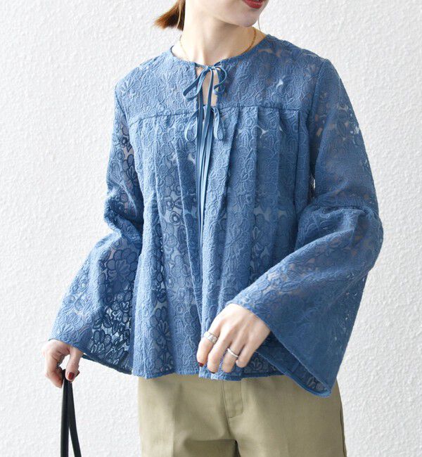 SHIPS any「SHIPS any:〈手洗い可能〉フラワーレース エンブロイダリー フレア シアー ブラウス」|シャツ・ブラウス|ブルー