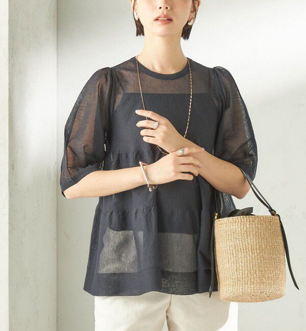 SHIPS for women「《予約》〈手洗い可能〉麻混 シアー ティアード ショート スリーブ プルオーバー」|ニット・セーター|ネイビー