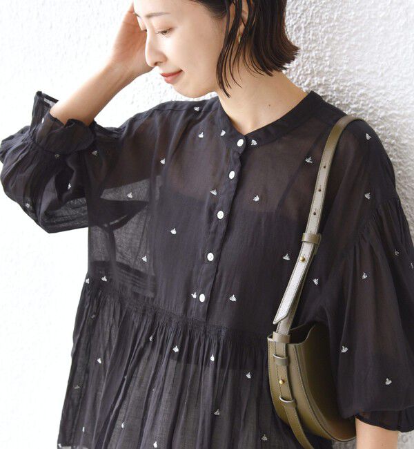 SHIPS for women「《予約》〈手洗い可能〉コットン オーガンジー リーフ 刺繍 袖 フリル ブラウス」|シャツ・ブラウス|ブラック