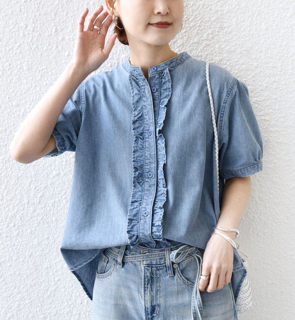 SHIPS for women「《予約》【WEB限定】〈手洗い可能〉ライト オンス フリル デニム 半袖 シャツ」|シャツ・ブラウス|