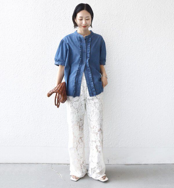 SHIPS for women「《予約》【WEB限定】〈手洗い可能〉ライト オンス フリル デニム 半袖 シャツ」|シャツ・ブラウス|