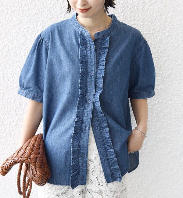 SHIPS for women「《予約》【WEB限定】〈手洗い可能〉ライト オンス フリル デニム 半袖 シャツ」|シャツ・ブラウス|