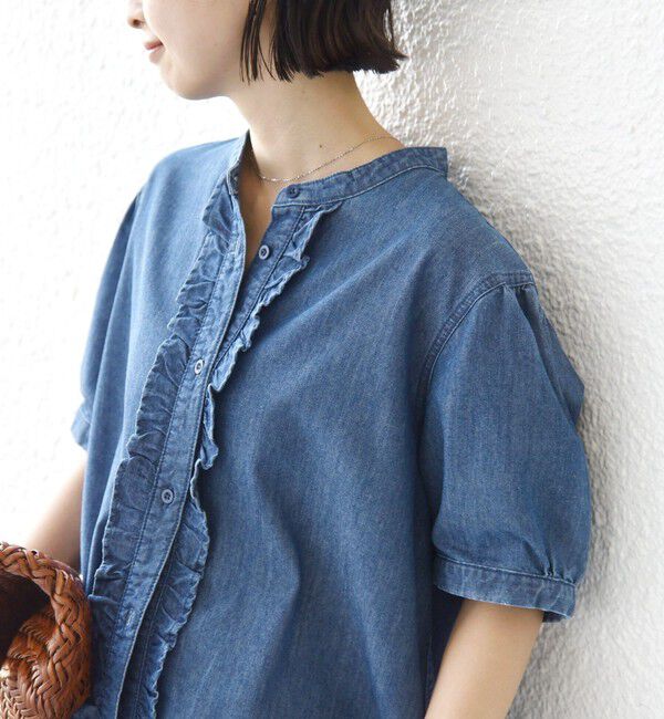 SHIPS for women「《予約》【WEB限定】〈手洗い可能〉ライト オンス フリル デニム 半袖 シャツ」|シャツ・ブラウス|