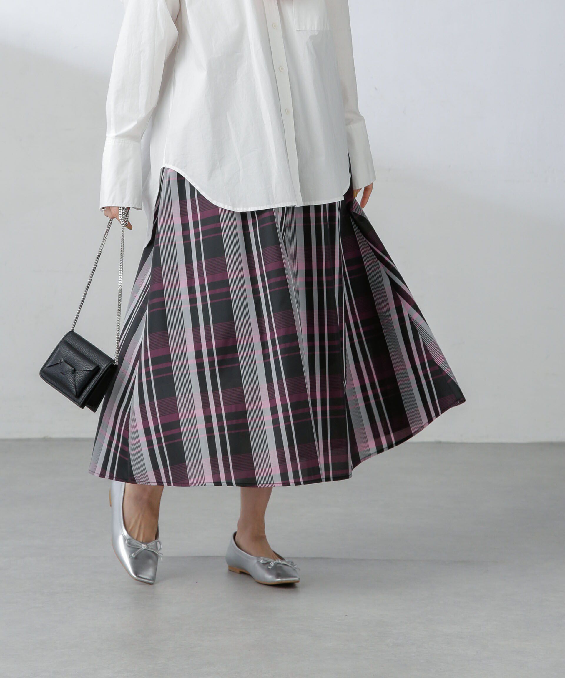 nano･universe「ギャザーボリュームチェックスカート」|スカート|ピンク