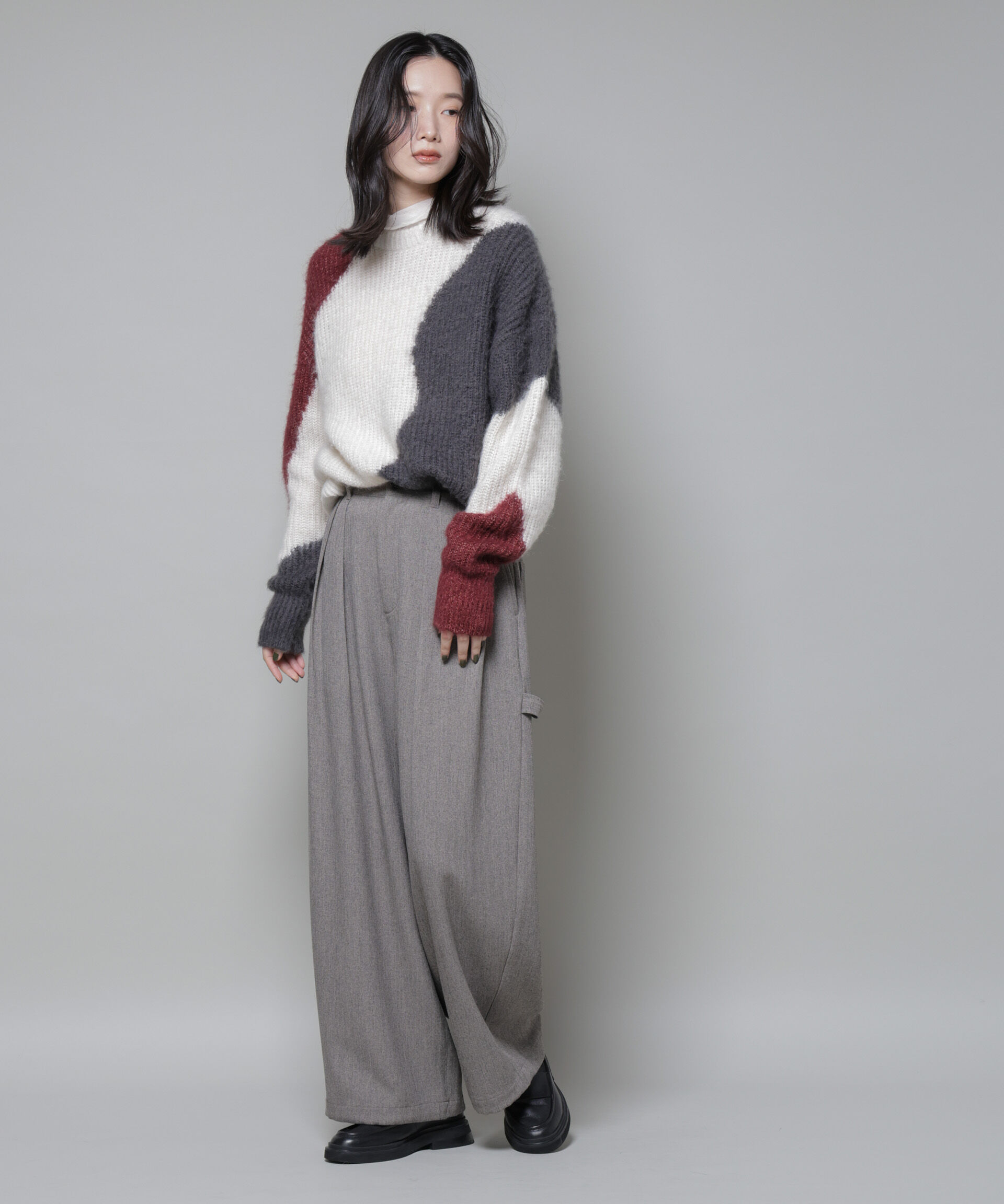 nano･universe「モヘヤ起毛カーブパターンブロッキングニット」|ニット・セーター|