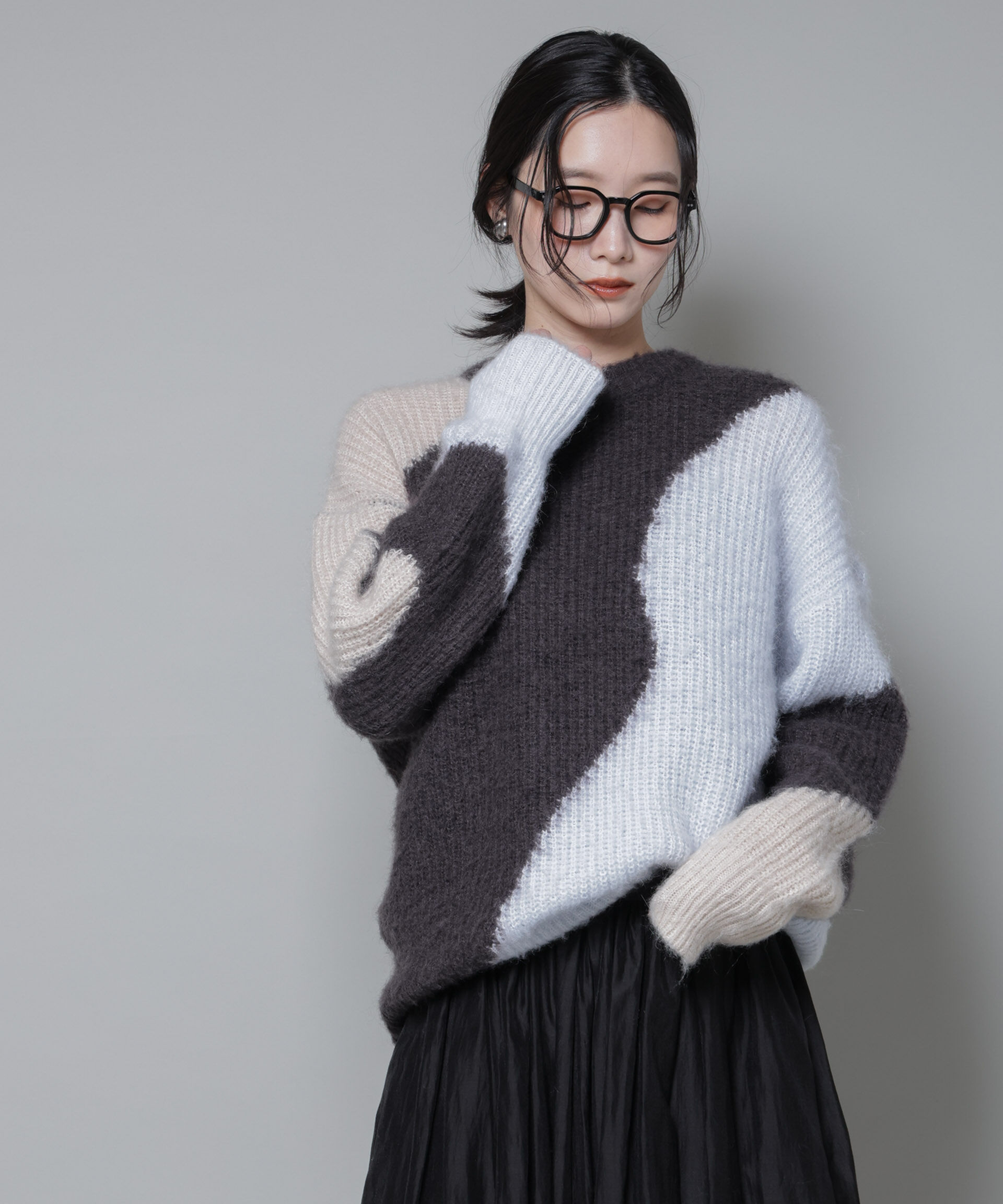 nano･universe「モヘヤ起毛カーブパターンブロッキングニット」|ニット・セーター|パターン21