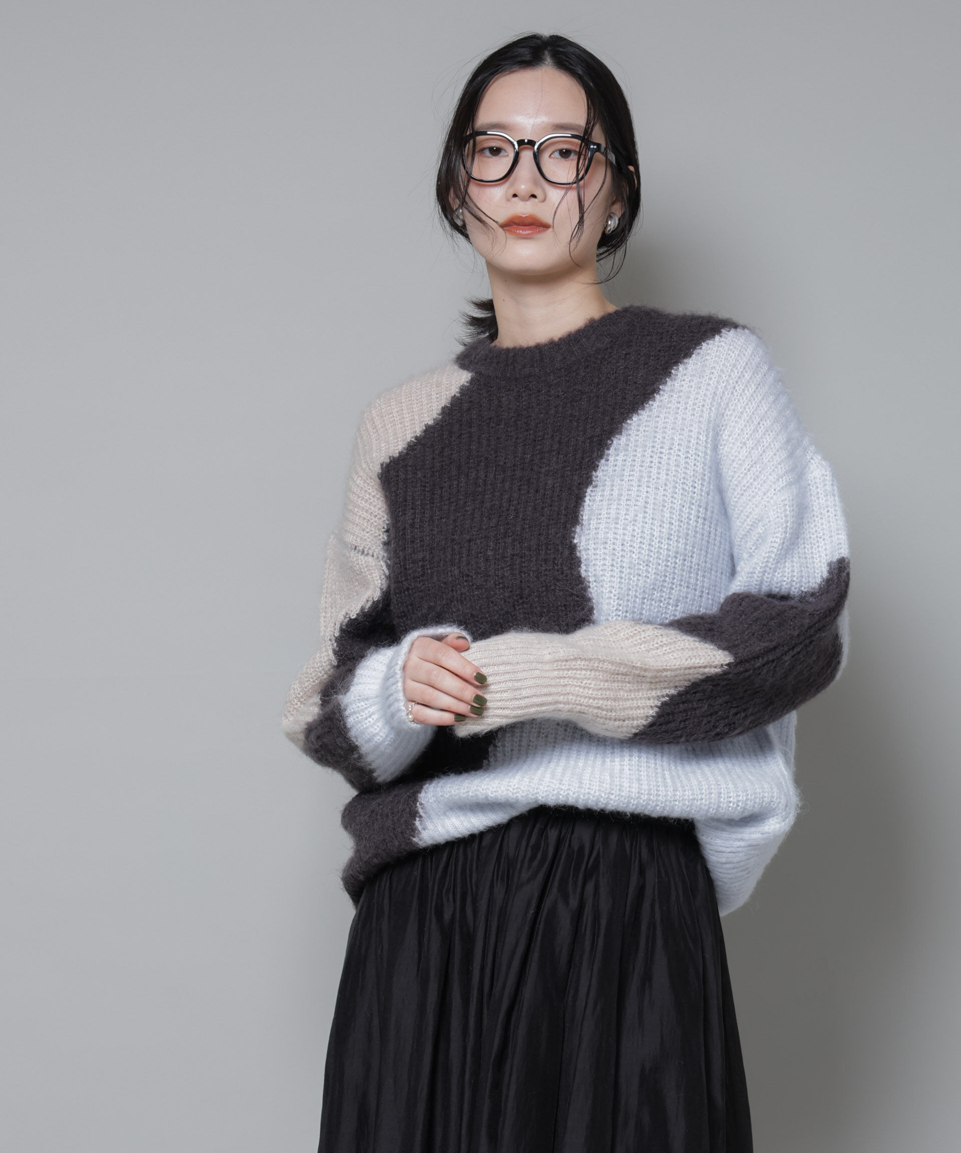 nano･universe「モヘヤ起毛カーブパターンブロッキングニット」|ニット・セーター|
