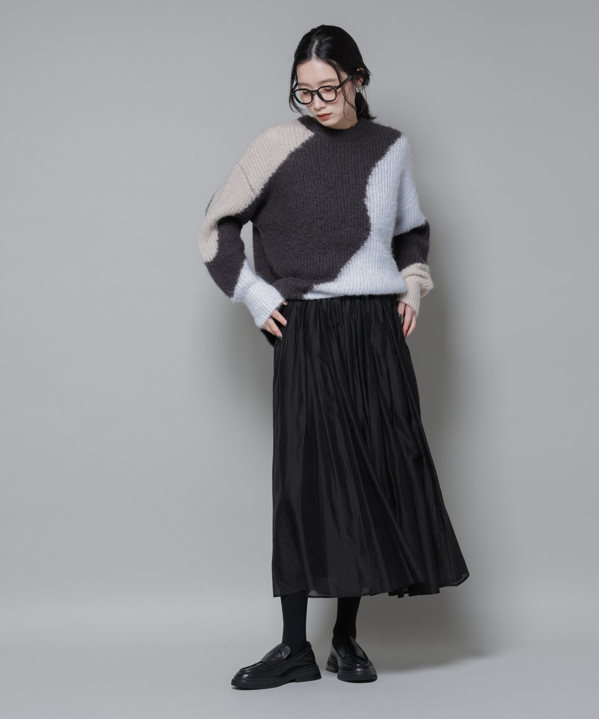 nano･universe「モヘヤ起毛カーブパターンブロッキングニット」|ニット・セーター|