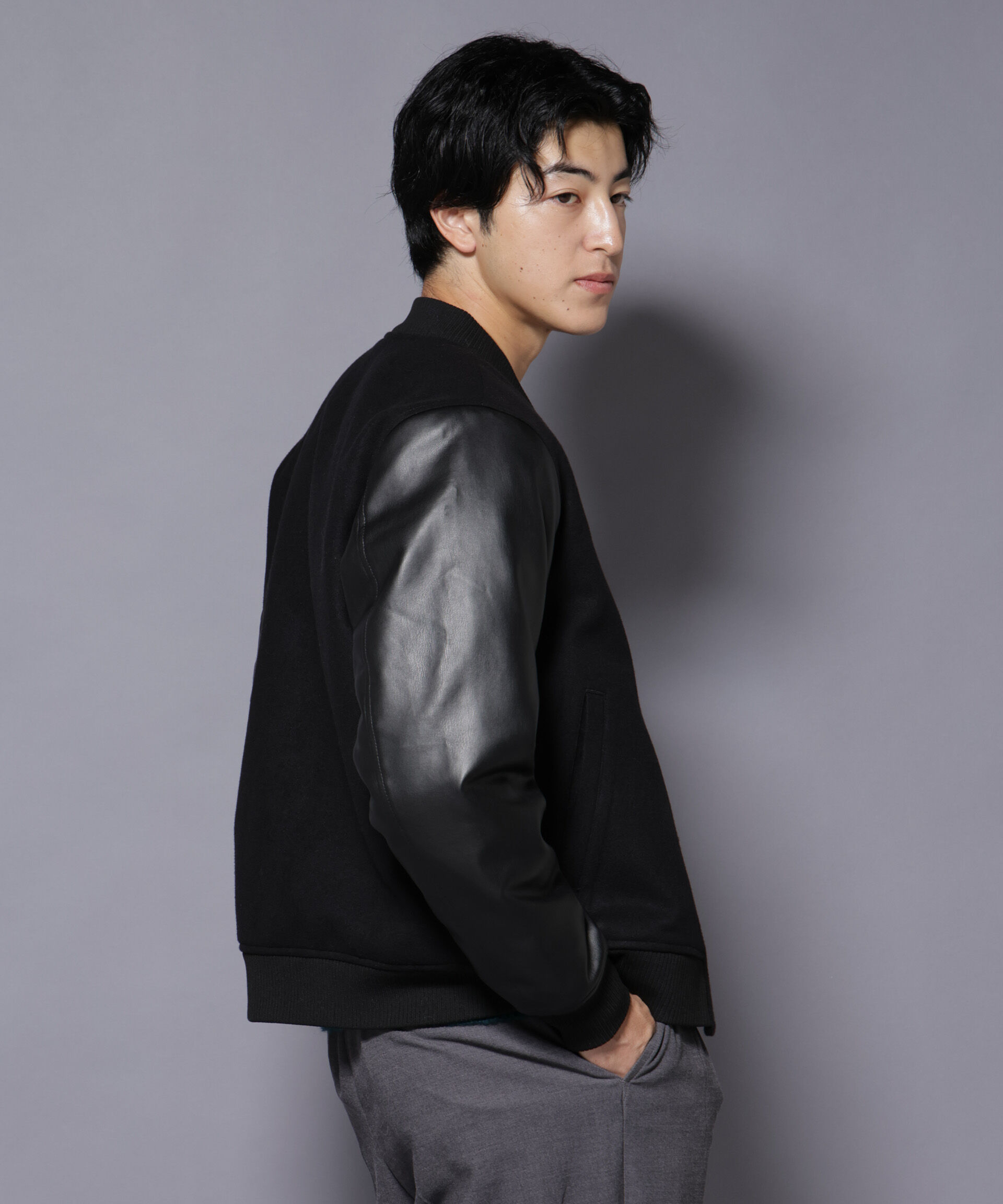 nano･universe「フェイクレザースタジャン」|ブルゾン・スタジャン|