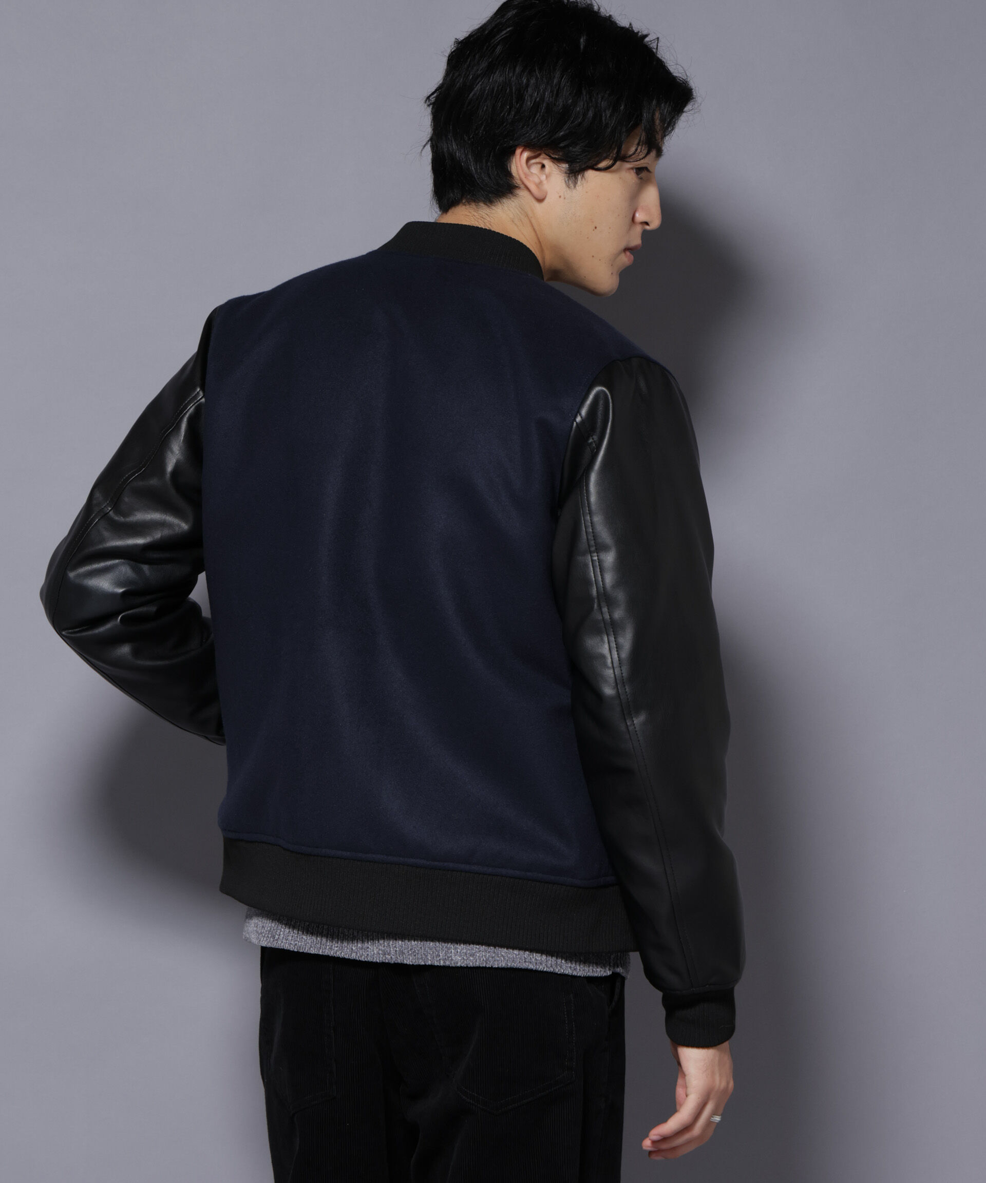 nano･universe「フェイクレザースタジャン」|ブルゾン・スタジャン|