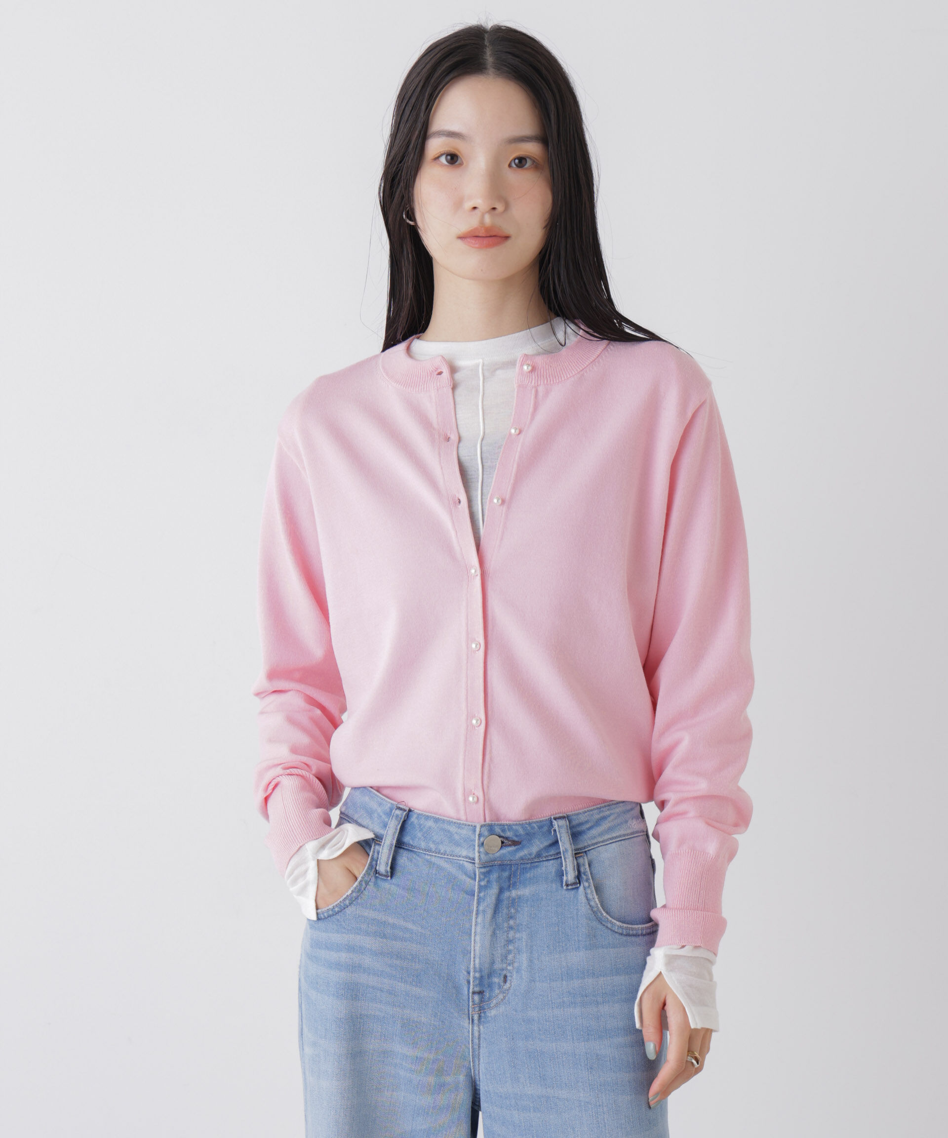 nano･universe「洗濯機洗可バンブーレーヨンニット パールボタンカーディガン」|ニット・セーター|