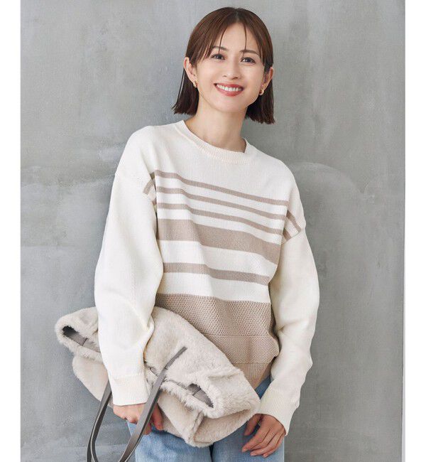 自由区「【洗える】コットンポリミドルゲージ ニット」|ニット・セーター|オフ&times;ベージュ